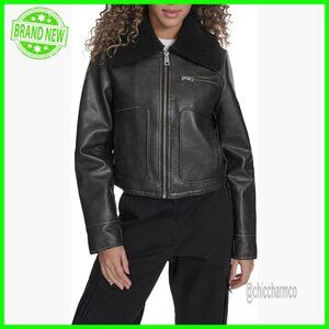 Faux Leather Aviator Jacket with Quilted Lining and Pockets